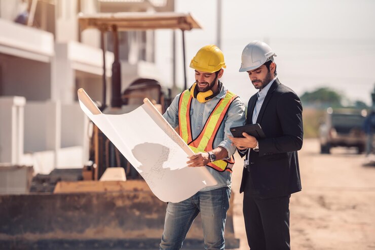civil-engineer-construction-worker-manager-holding-digital-tablet-blueprints-talking-planing-about-construction-site-cooperation-teamwork-concept_640221-156